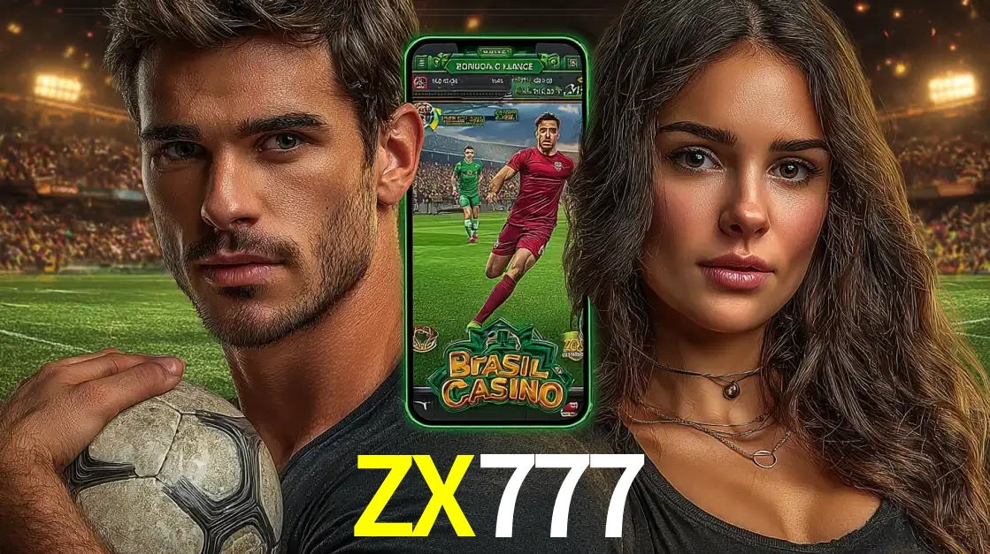Homem segurando uma bola de futebol e uma mulher ao lado de um smartphone exibindo o jogo de apostas esportivas da ZX777. Faça seu palpite no cassino online.